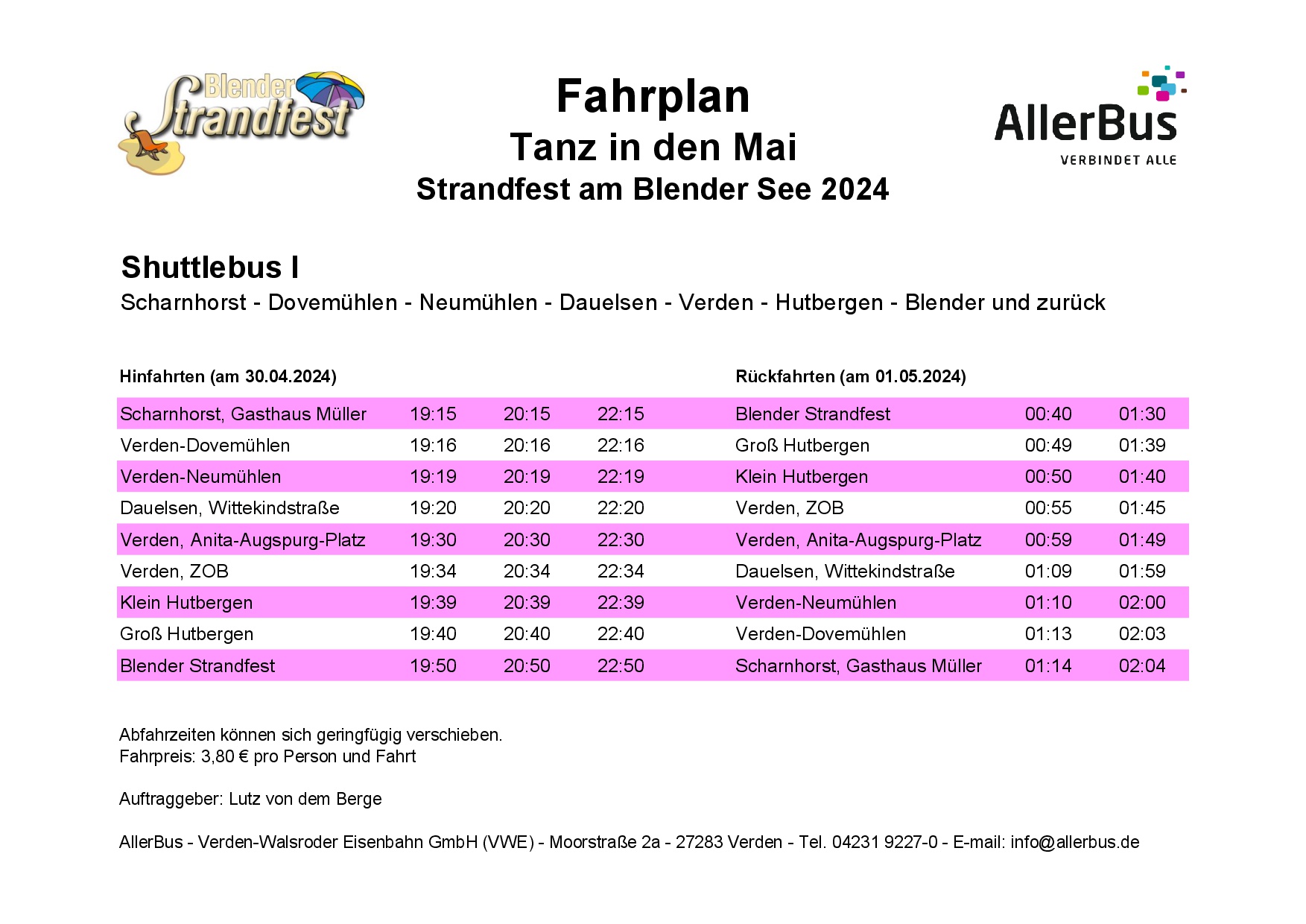 Fahrplan Bus 1 Blender Strandfest 2024